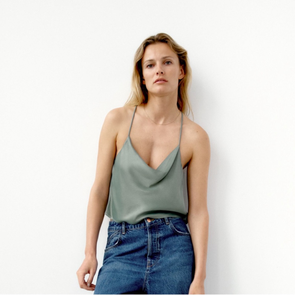 🆕 ZARA Green Silk Cowl Neck Tank